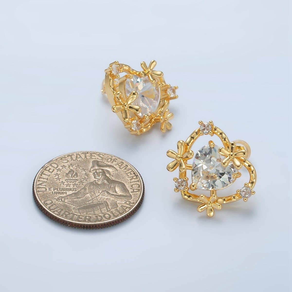 24K Gold Filled Clear CZ Heart Flower Open Bezel Stud Earrings | AD749
