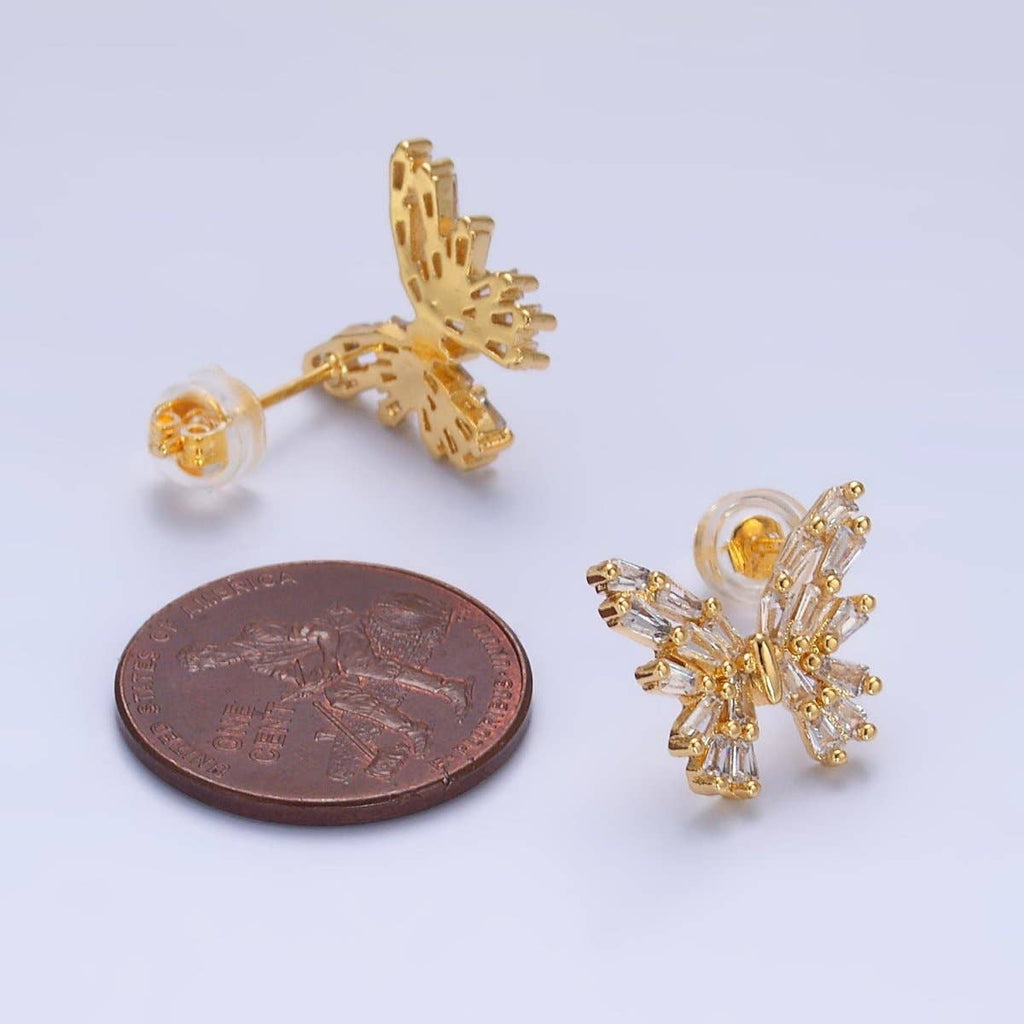 24K Gold Filled Baguette CZ Butterfly Insect Stud Earrings | AB872