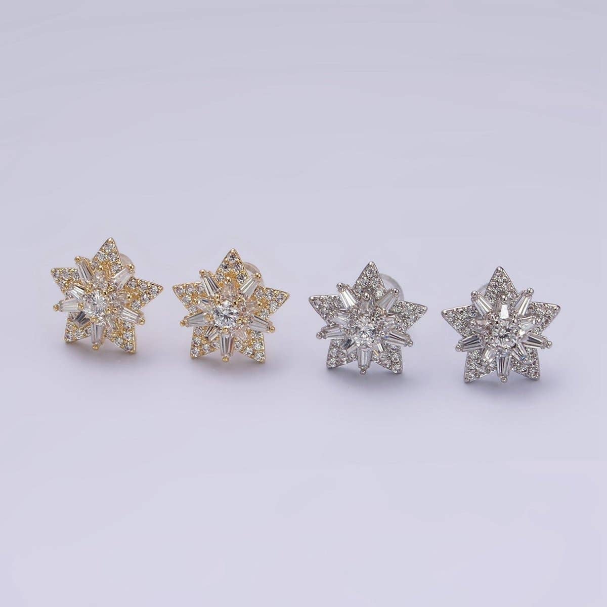 14K Gold Filled Celestial Star Baguette Micro Paved CZ Stud Earrings in Gold & Silver | V271