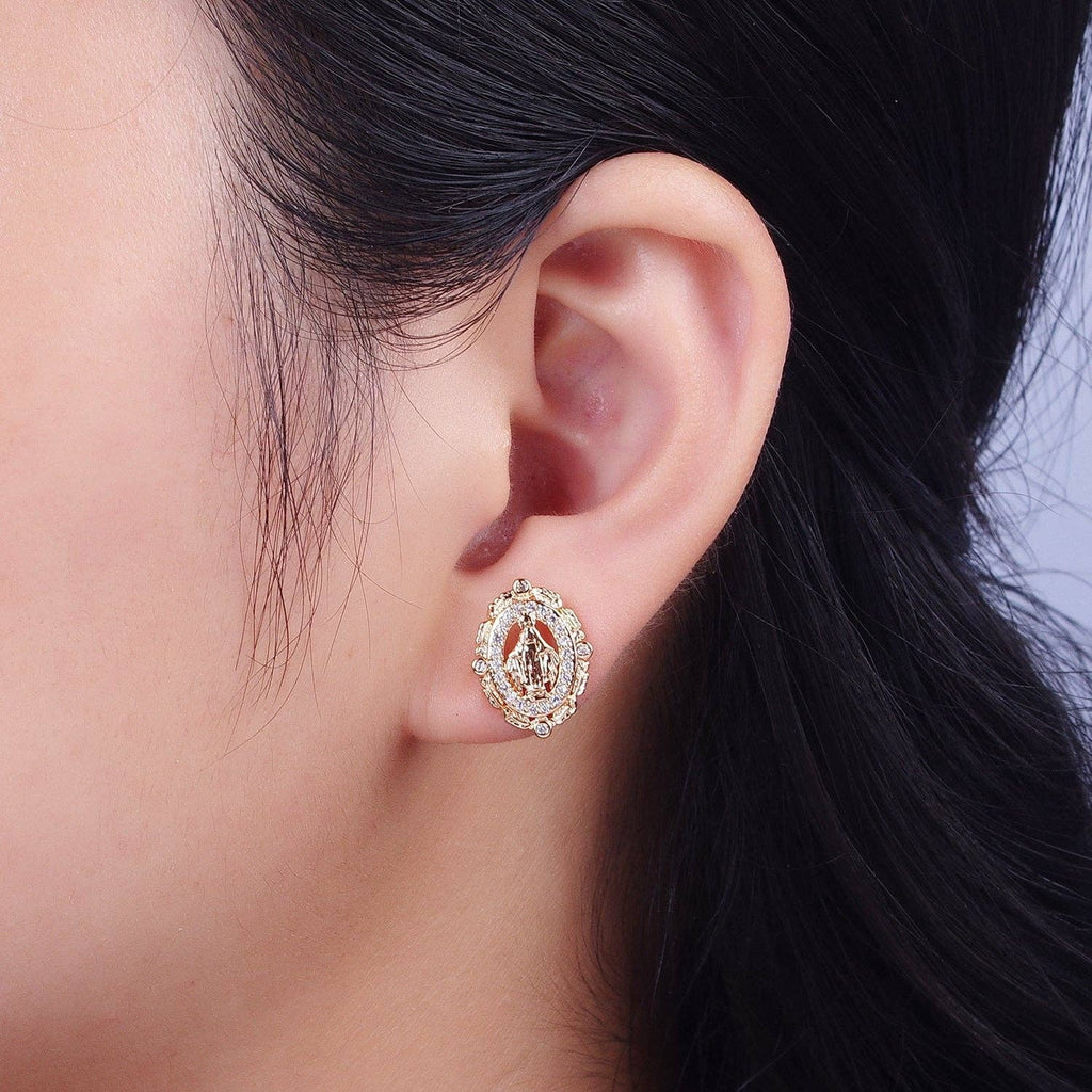 18K Gold Mother Virgin Mary Micro Paved CZ Oval Feather Outl