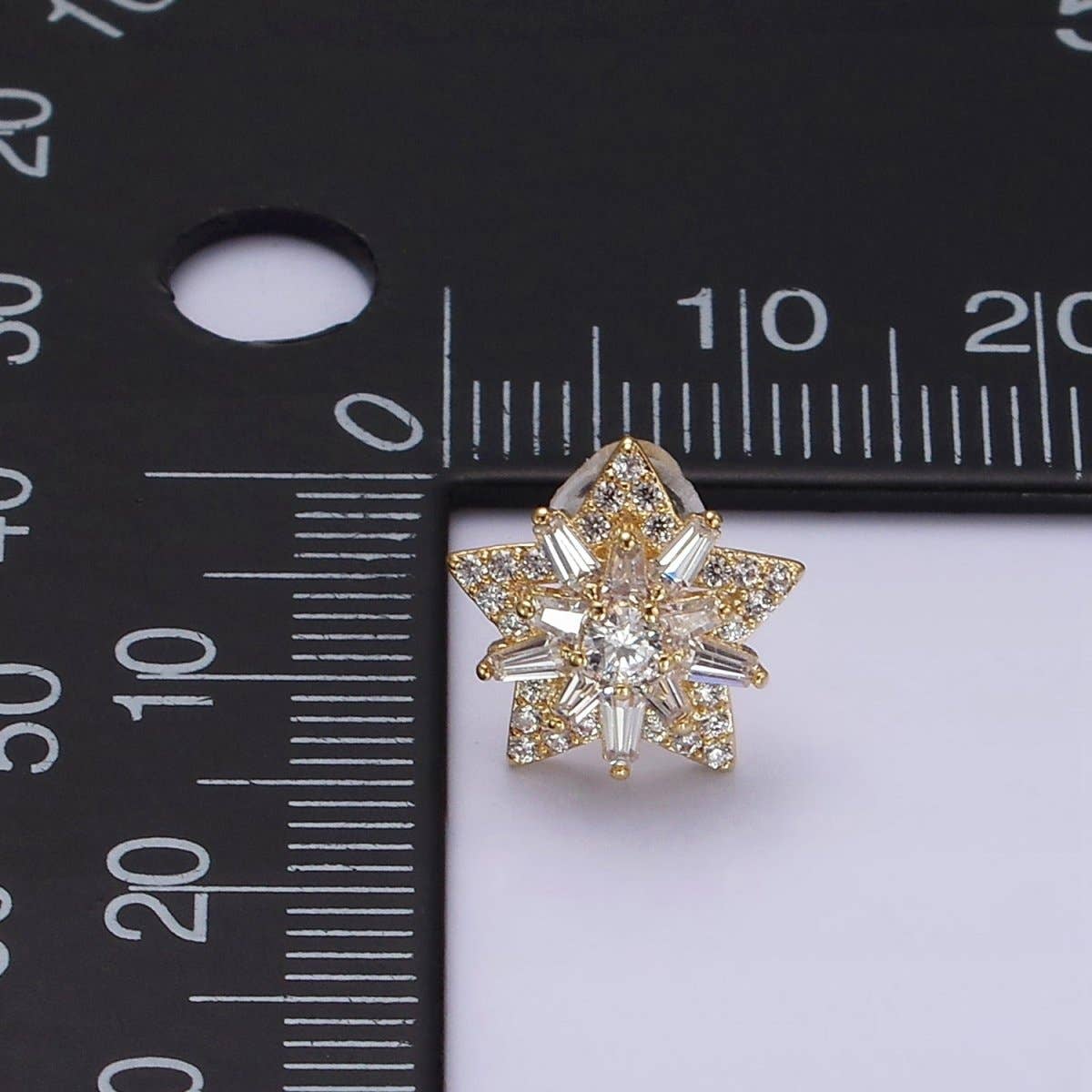 14K Gold Filled Celestial Star Baguette Micro Paved CZ Stud Earrings in Gold & Silver | V271