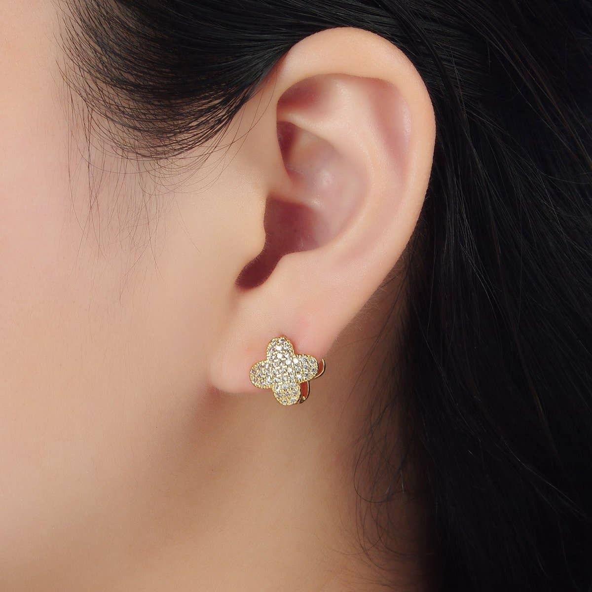 24K Gold Filled Micro Paved CZ Quatrefoil Flower Huggie Earrings | AD760
