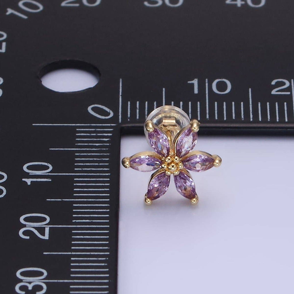 14K Gold Filled Clear, Purple, Blue CZ Marquise Petal Flower Stud Earrings | AE524 - AE526