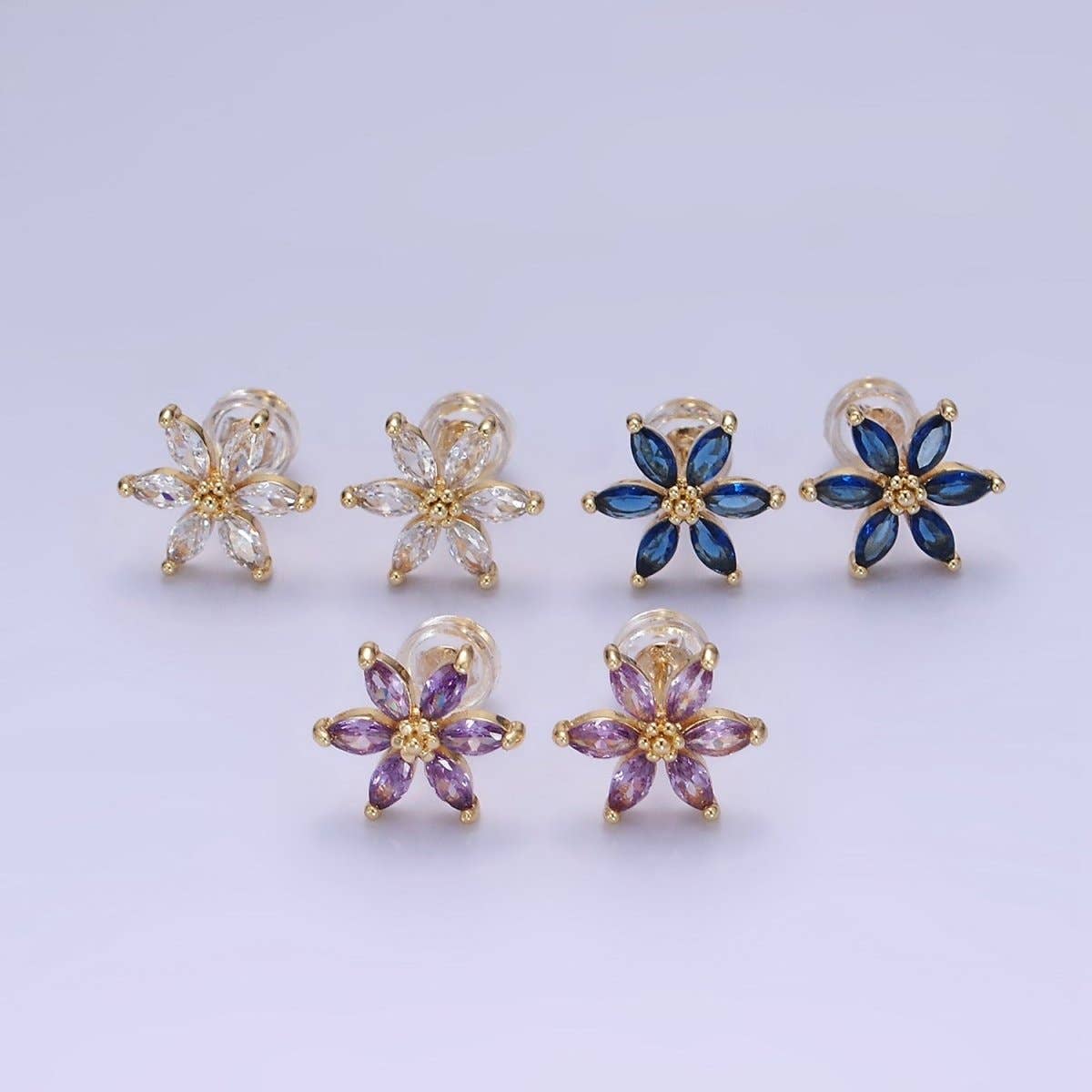 14K Gold Filled Clear, Purple, Blue CZ Marquise Petal Flower Stud Earrings | AE524 - AE526