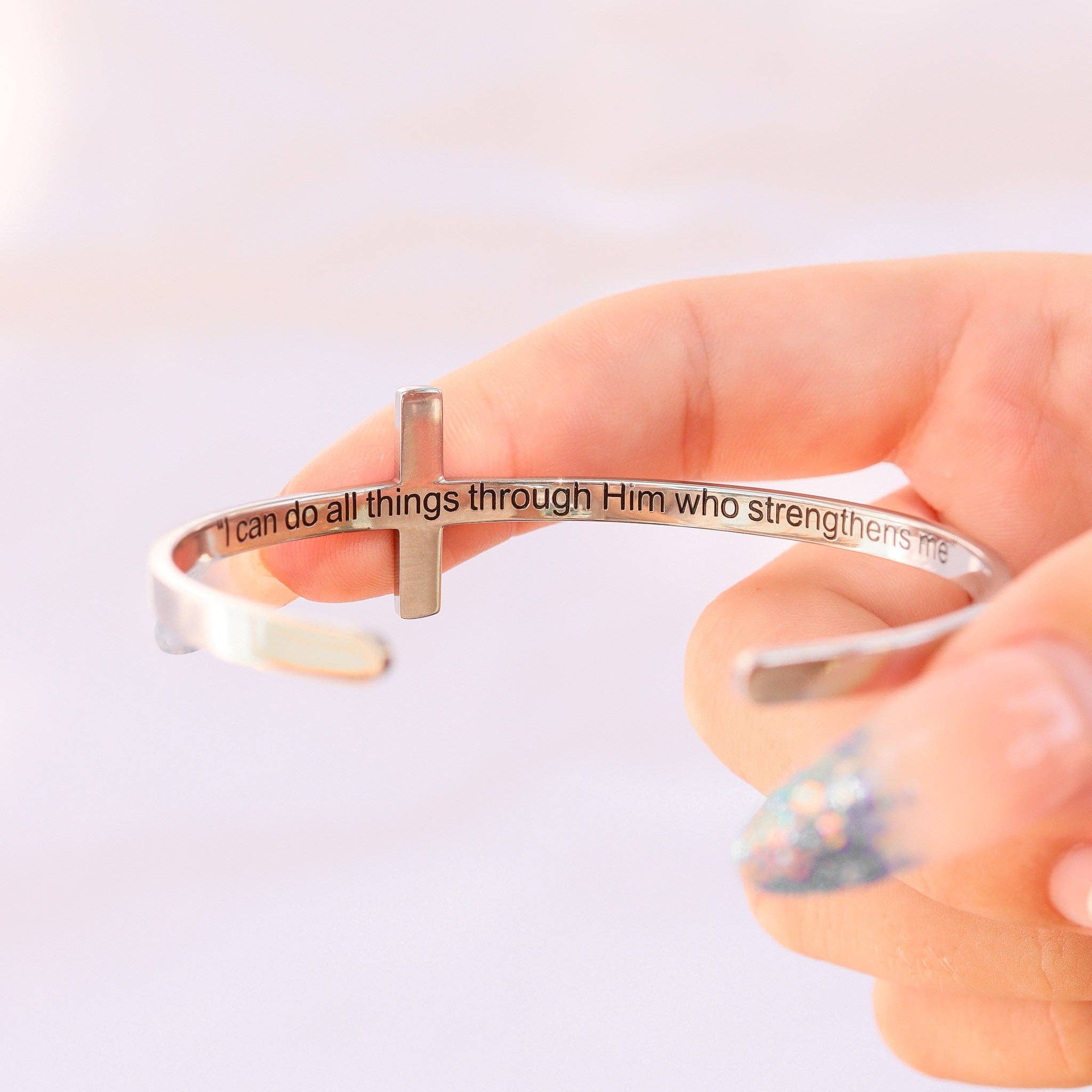 Stainless Steel Cross Cuff Bracelet with Christian Scripture Philippians 4:13
