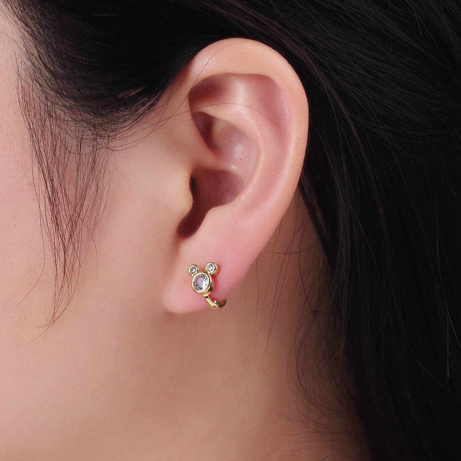 14K Gold Filled Clear CZ Triple Mouse Animal Huggie Earrings