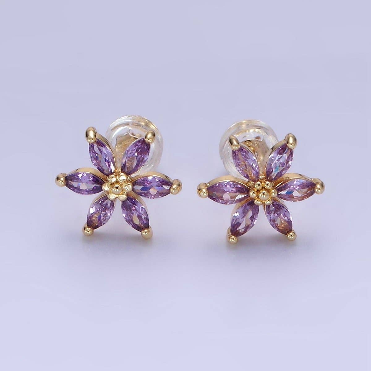 14K Gold Filled Clear, Purple, Blue CZ Marquise Petal Flower Stud Earrings | AE524 - AE526