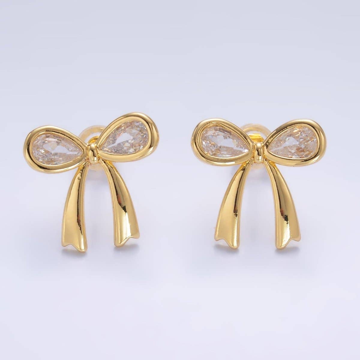 24K Gold Filled Clear CZ Ribbon Bow Stud Earrings | AB871