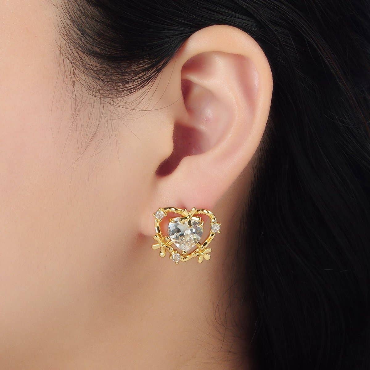 24K Gold Filled Clear CZ Heart Flower Open Bezel Stud Earrings | AD749