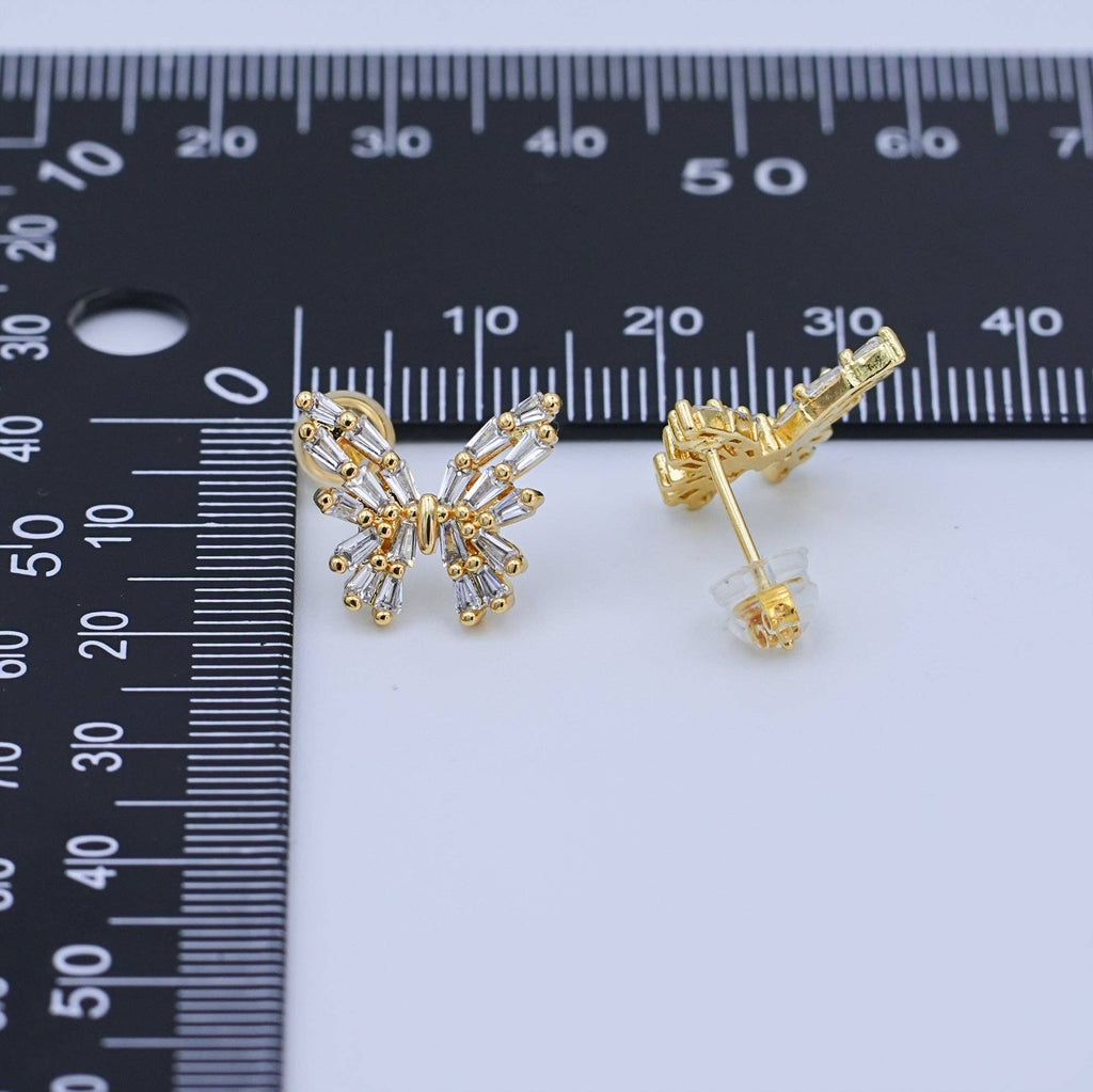 24K Gold Filled Baguette CZ Butterfly Insect Stud Earrings | AB872
