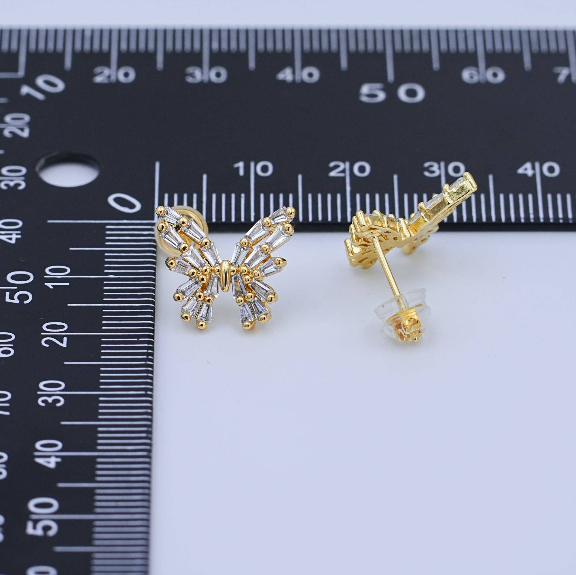 24K Gold Filled Baguette CZ Butterfly Insect Stud Earrings | AB872