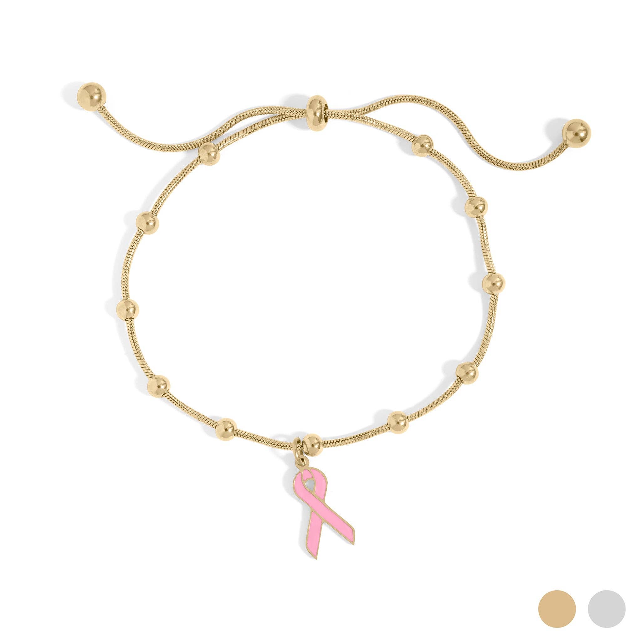 Breast Cancer Awareness Adjustable Ribbon Charm Bracelet