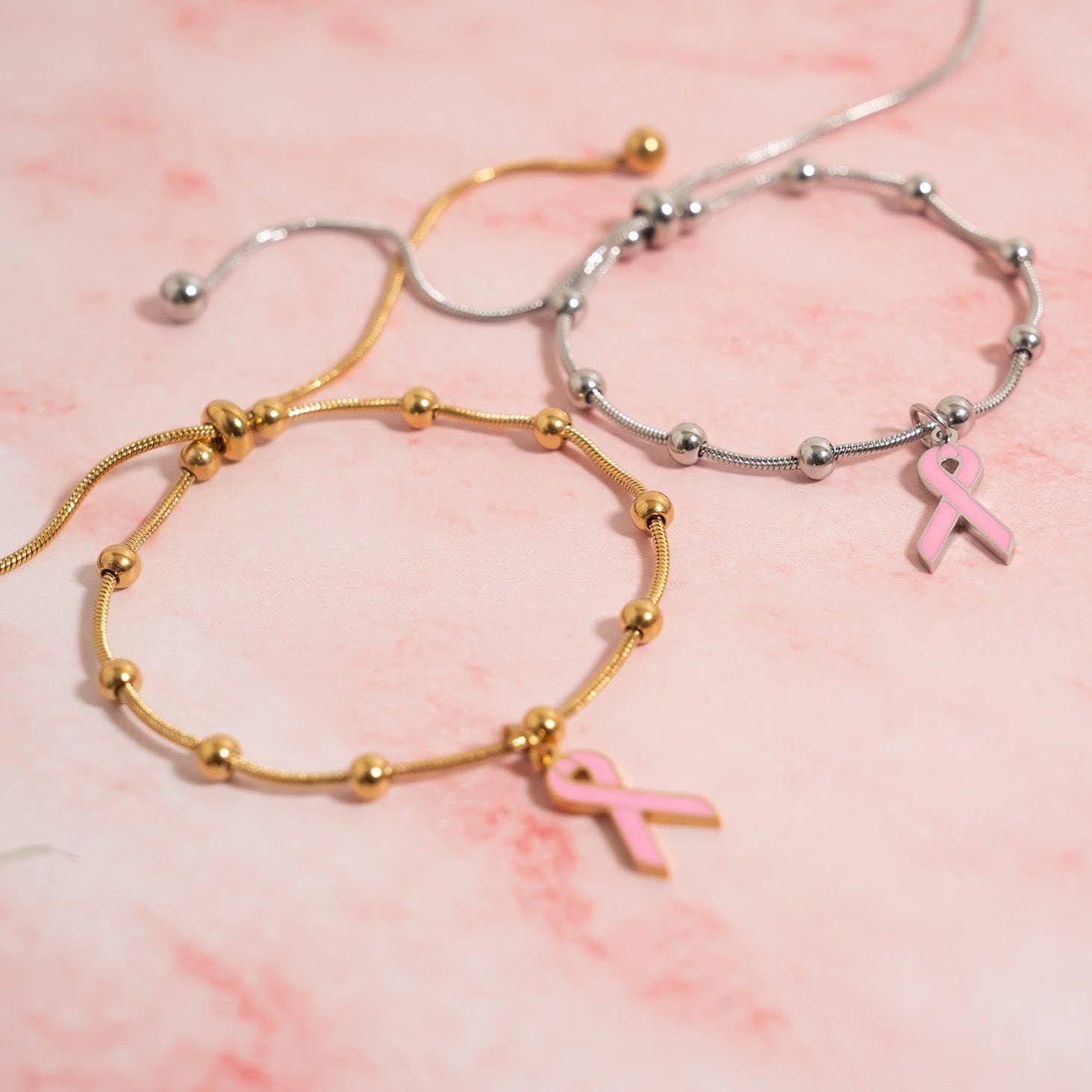 Breast Cancer Awareness Adjustable Ribbon Charm Bracelet