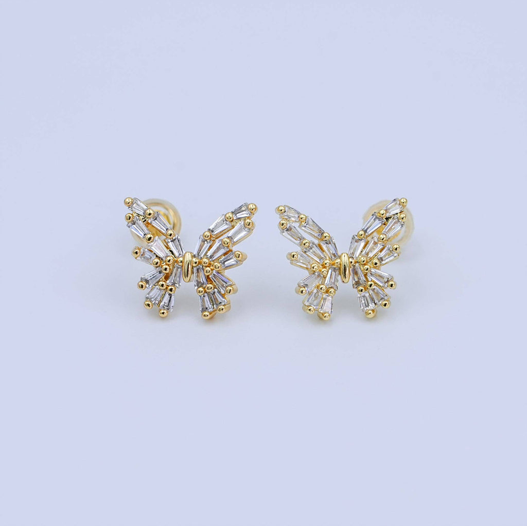 24K Gold Filled Baguette CZ Butterfly Insect Stud Earrings | AB872