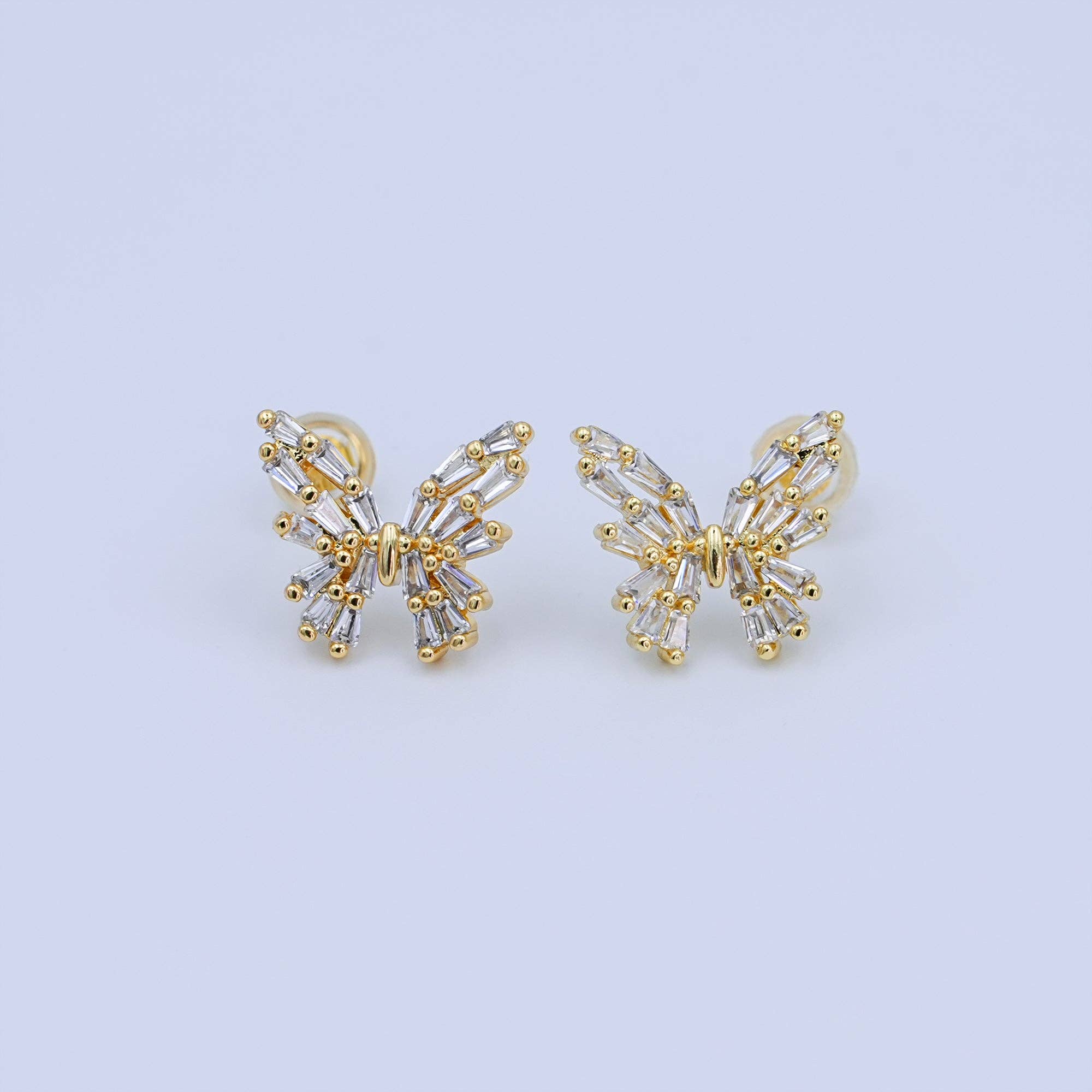 24K Gold Filled Baguette CZ Butterfly Insect Stud Earrings | AB872