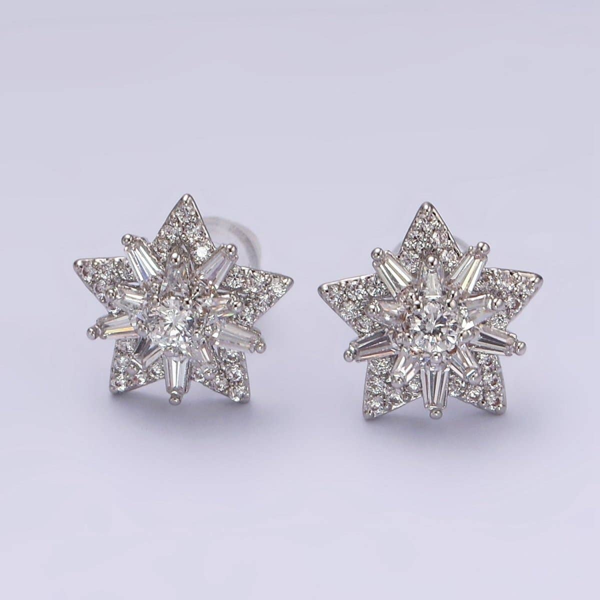14K Gold Filled Celestial Star Baguette Micro Paved CZ Stud Earrings in Gold & Silver | V271