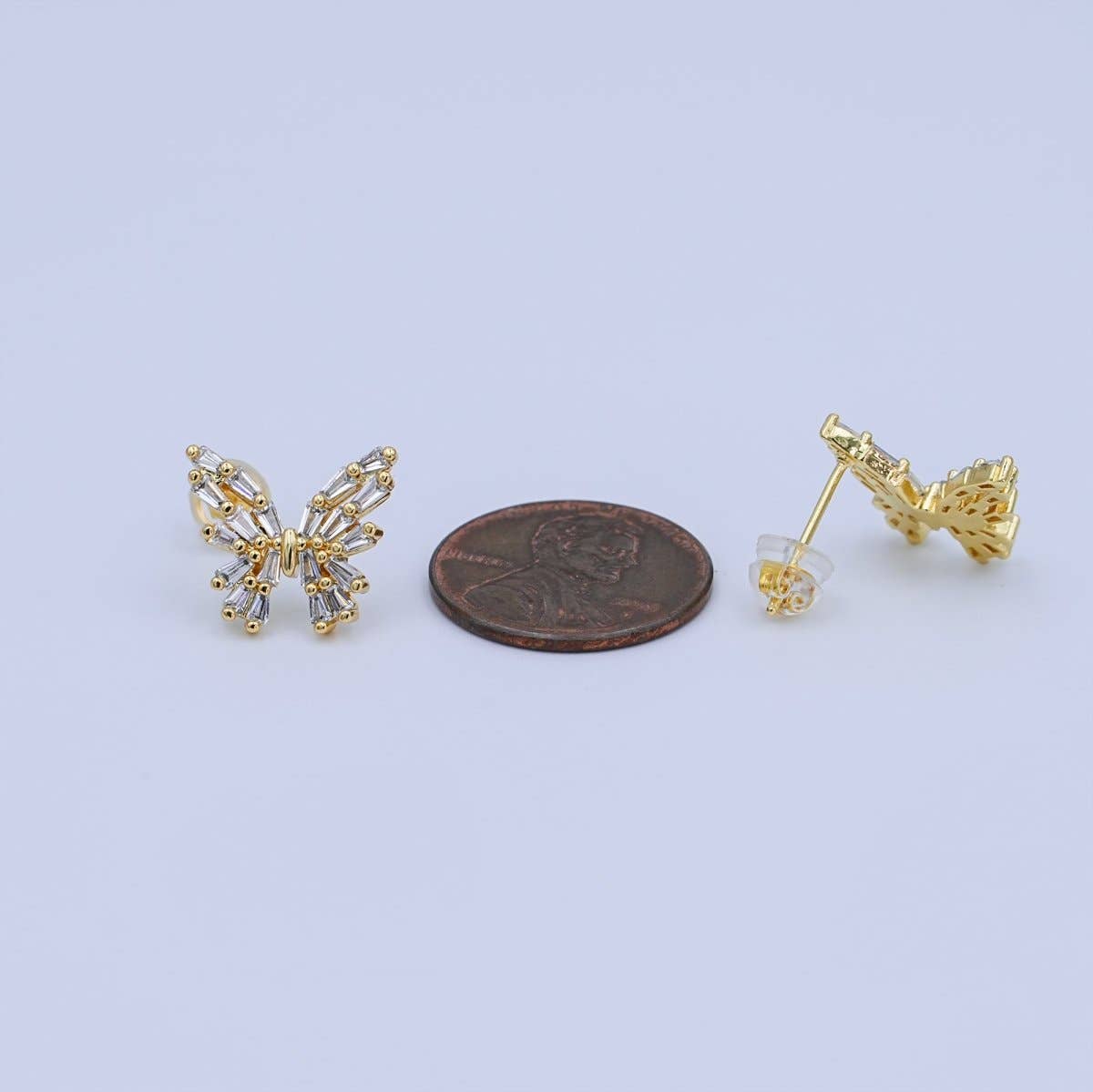 24K Gold Filled Baguette CZ Butterfly Insect Stud Earrings | AB872