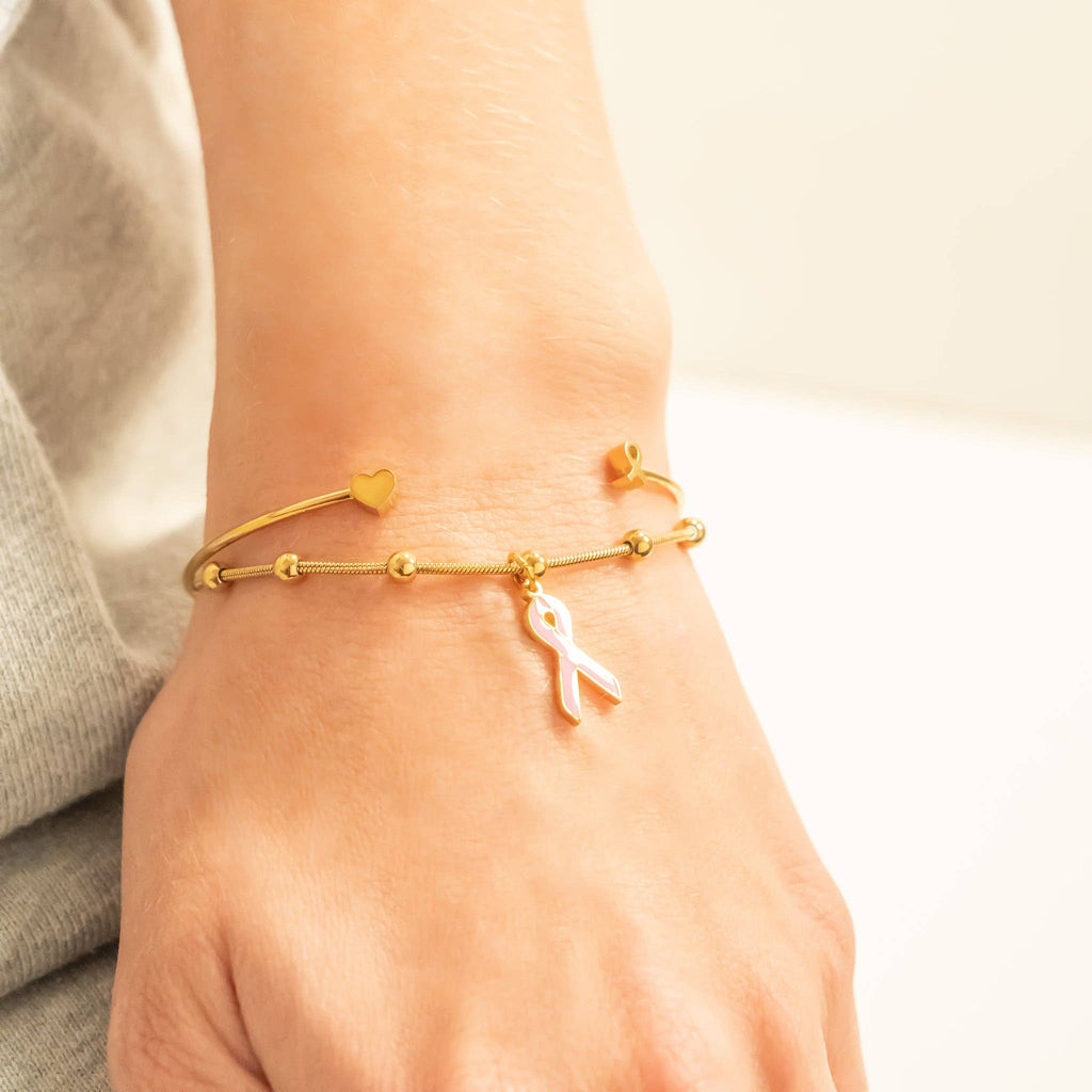 Breast Cancer Awareness Adjustable Ribbon Charm Bracelet