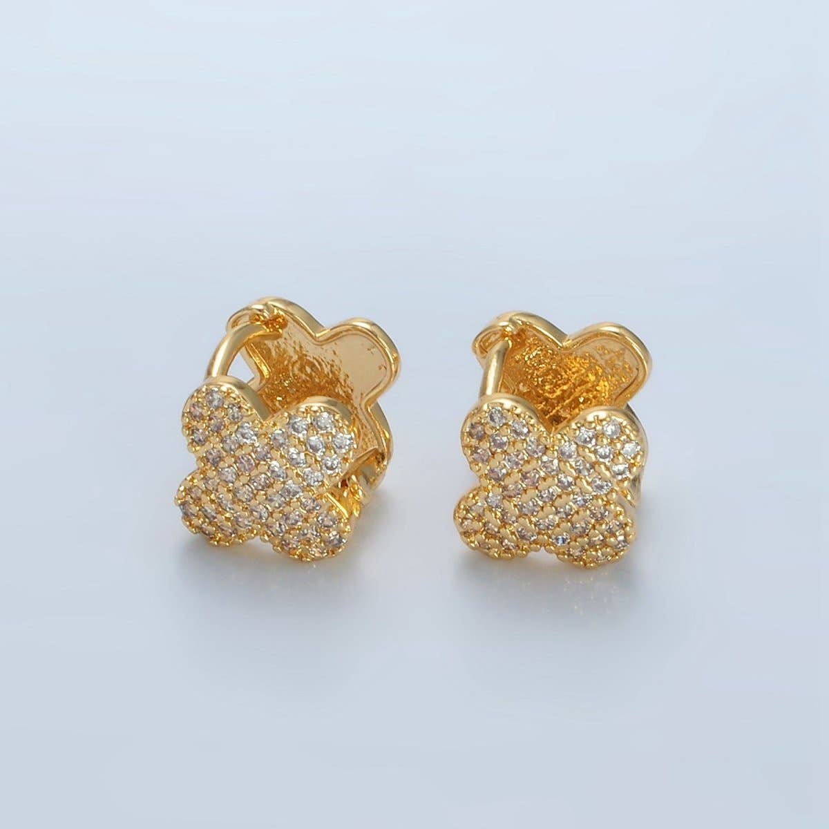 24K Gold Filled Micro Paved CZ Quatrefoil Flower Huggie Earrings | AD760