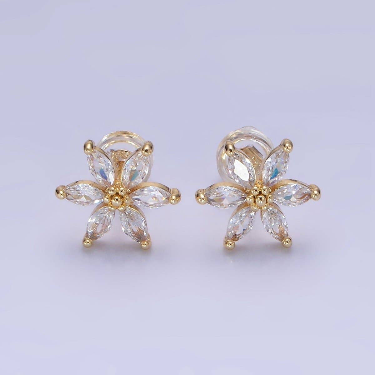 14K Gold Filled Clear, Purple, Blue CZ Marquise Petal Flower Stud Earrings | AE524 - AE526