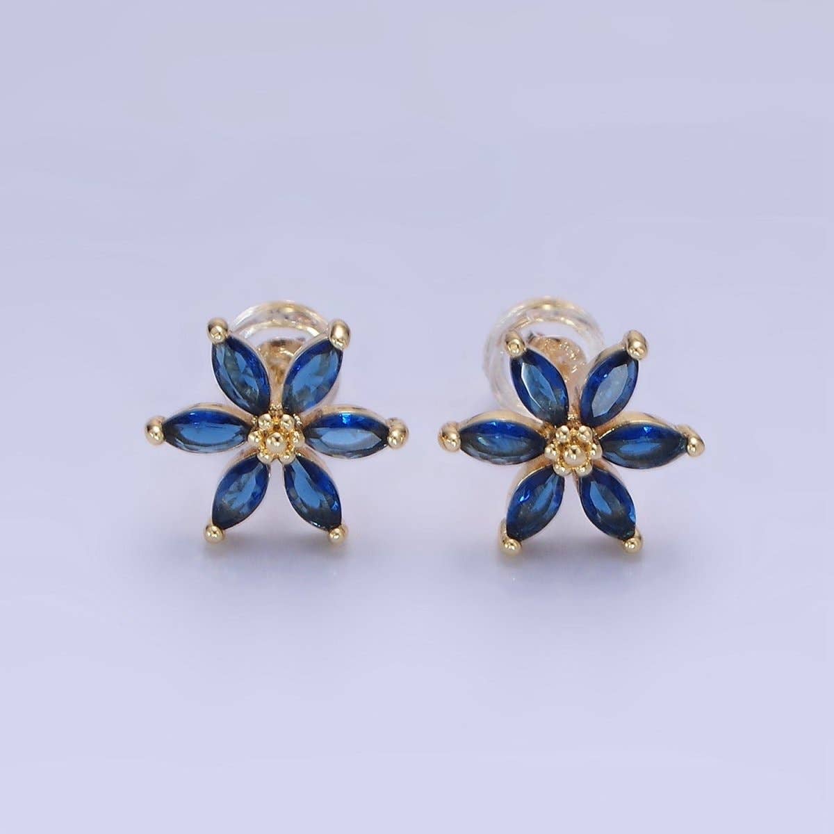 14K Gold Filled Clear, Purple, Blue CZ Marquise Petal Flower Stud Earrings | AE524 - AE526