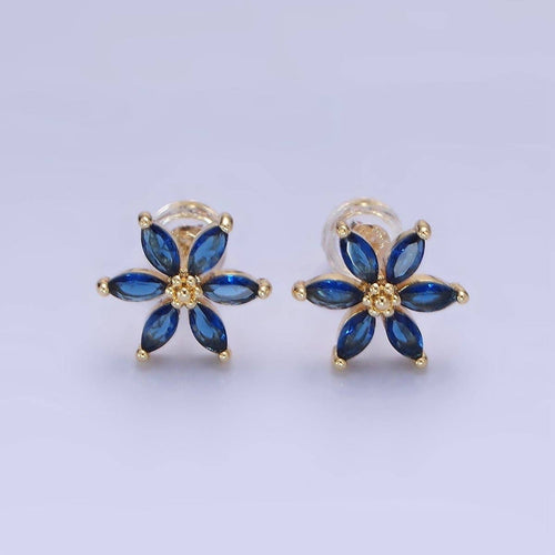14K Gold Filled Clear, Purple, Blue CZ Marquise Petal Flower Stud Earrings | AE524 - AE526