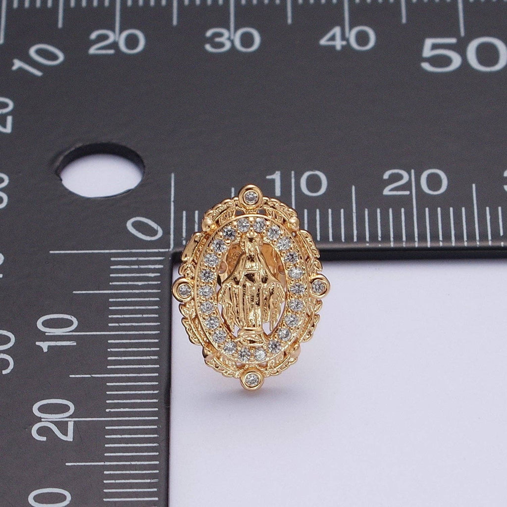 18K Gold Mother Virgin Mary Micro Paved CZ Oval Feather Outl