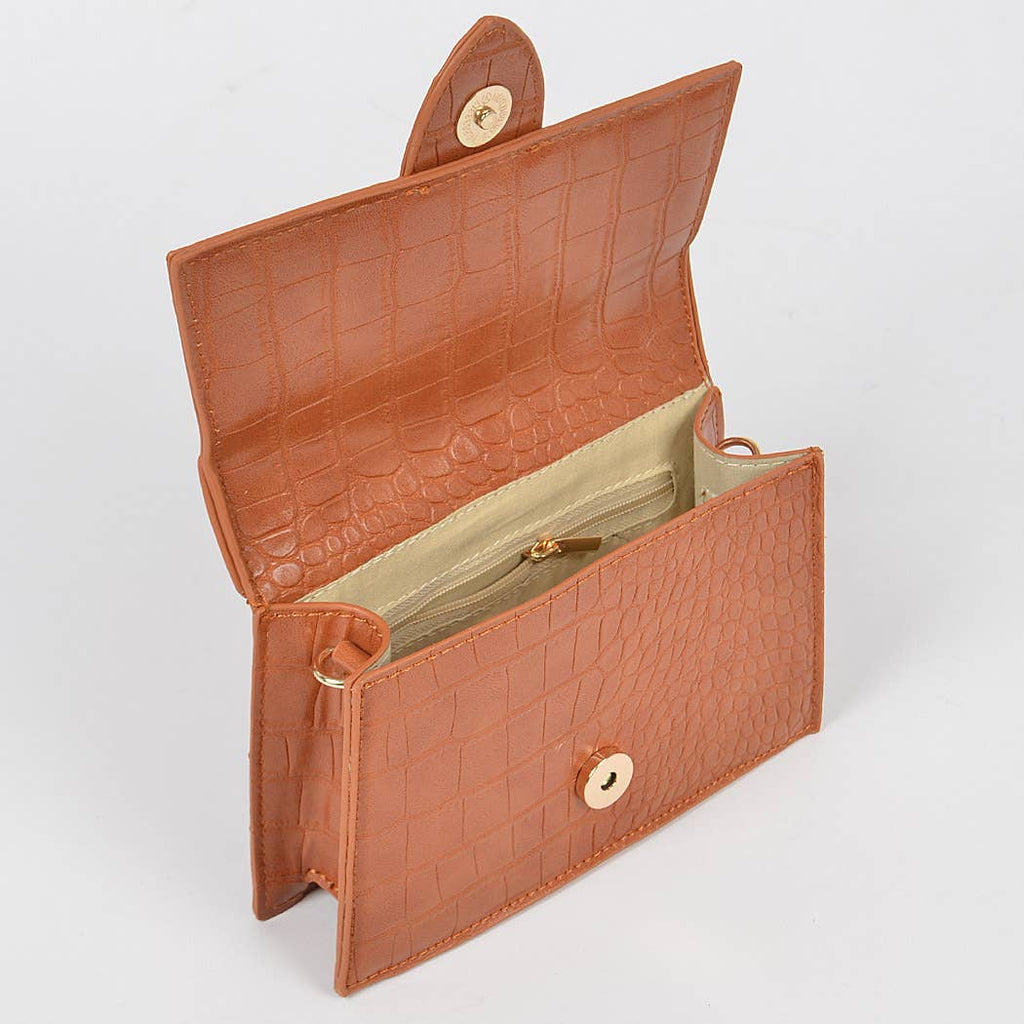 Faux Croc Top Handle Crossbody Bag