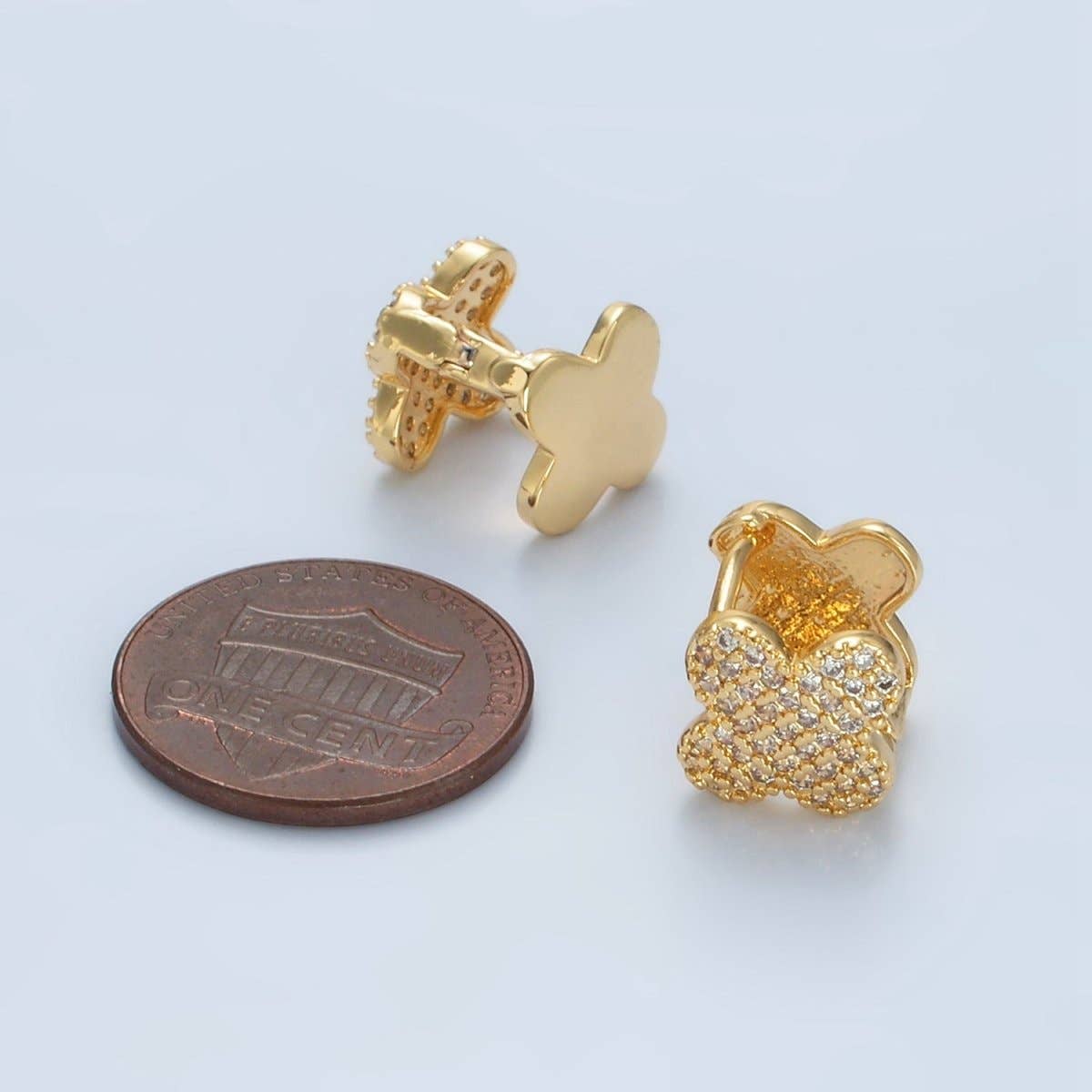 24K Gold Filled Micro Paved CZ Quatrefoil Flower Huggie Earrings | AD760
