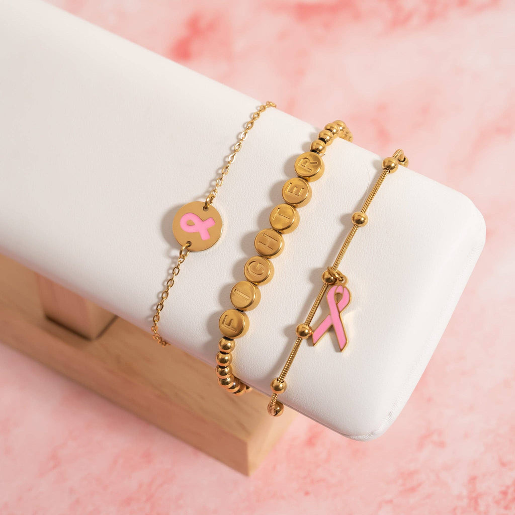 Breast Cancer Awareness Adjustable Ribbon Charm Bracelet