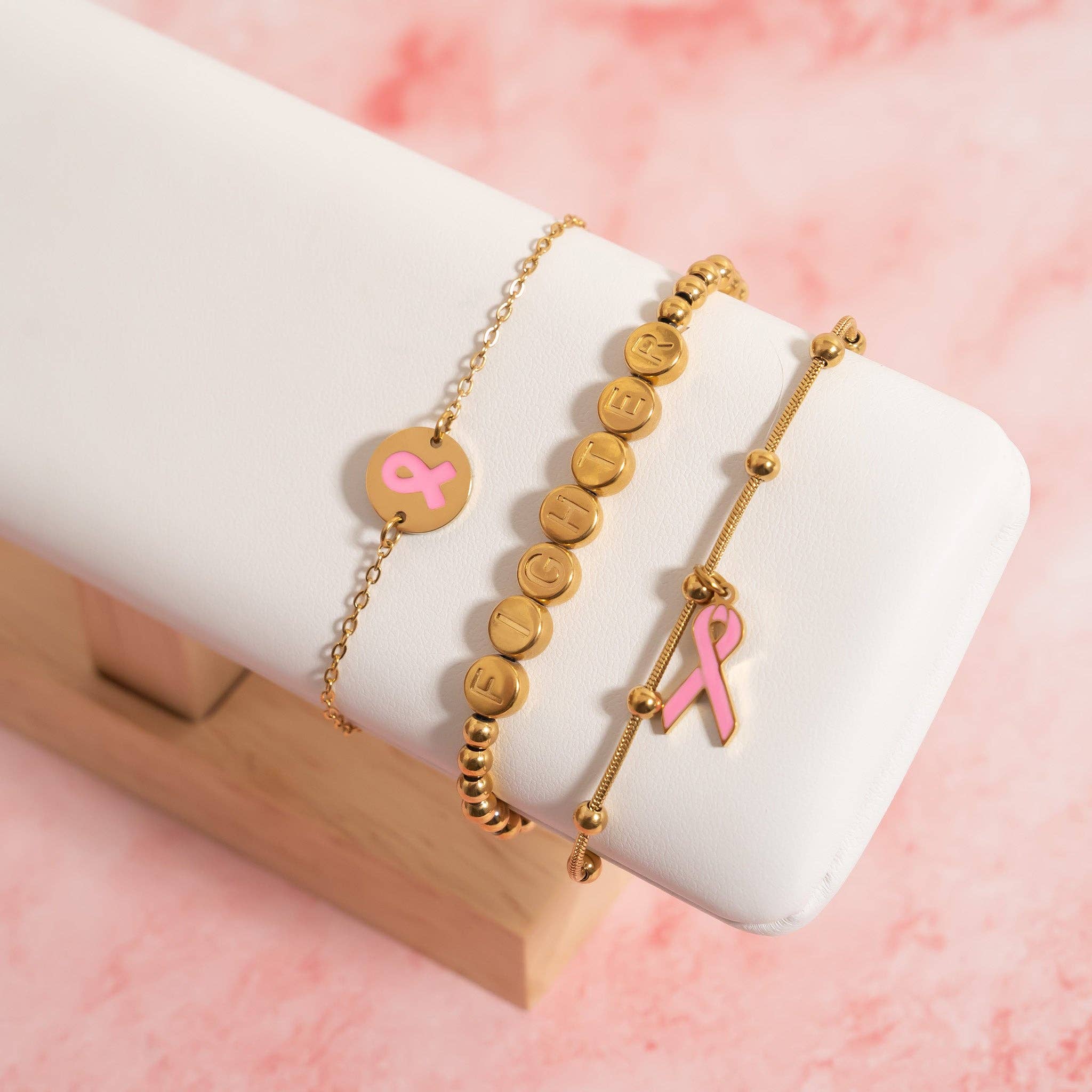 Breast Cancer Awareness Adjustable Ribbon Charm Bracelet