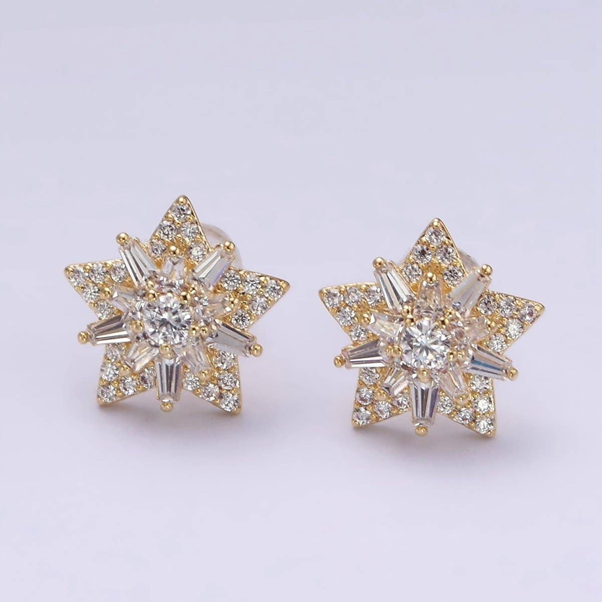 14K Gold Filled Celestial Star Baguette Micro Paved CZ Stud Earrings in Gold & Silver | V271