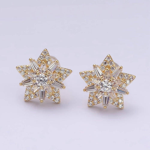 14K Gold Filled Celestial Star Baguette Micro Paved CZ Stud Earrings in Gold & Silver | V271