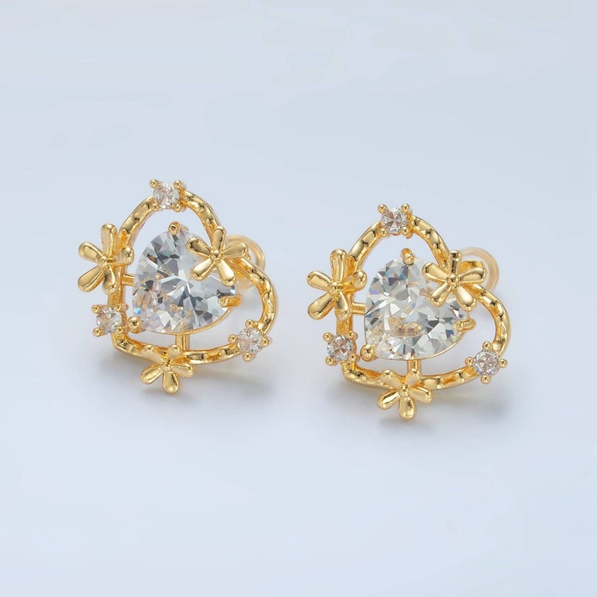 24K Gold Filled Clear CZ Heart Flower Open Bezel Stud Earrings | AD749