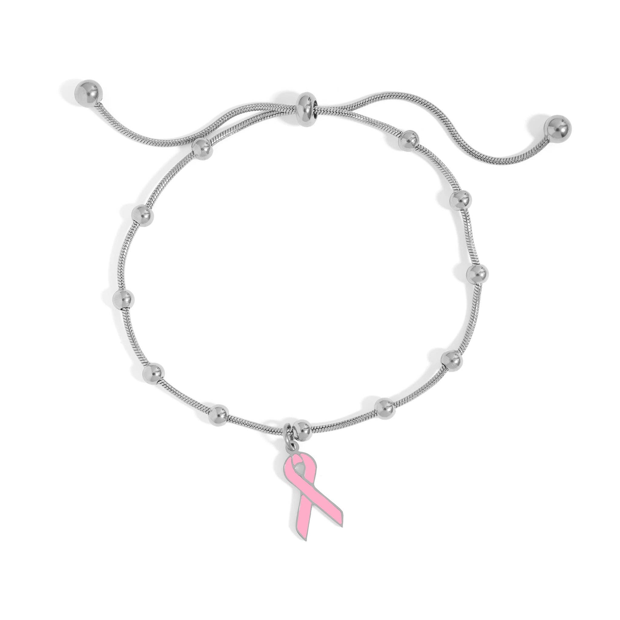 Breast Cancer Awareness Adjustable Ribbon Charm Bracelet