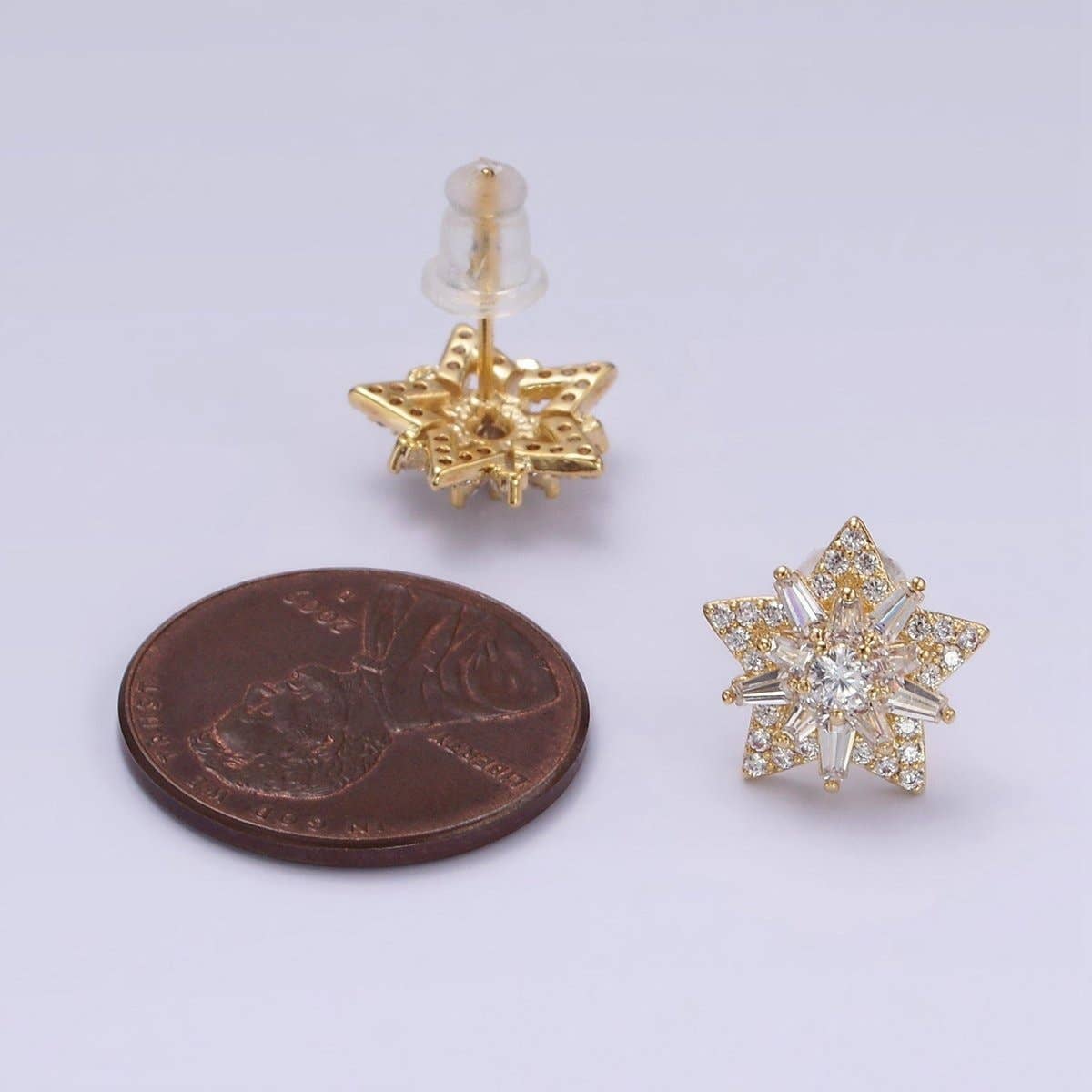 14K Gold Filled Celestial Star Baguette Micro Paved CZ Stud Earrings in Gold & Silver | V271